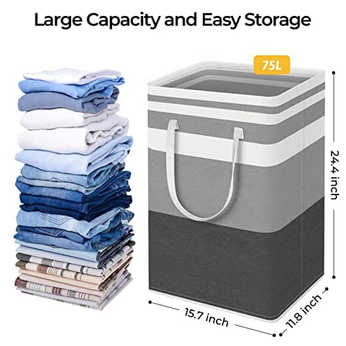 HomeHacks 2 Pack Large Laundry Baskets, Waterproof, Freestanding Laundry Hampers, Collapsible Clothes Hamper with Reinforced Handles in Laundry Room, College Dorm, Bathroom, Bedroom (Grey, 75Lx2) - Image 4