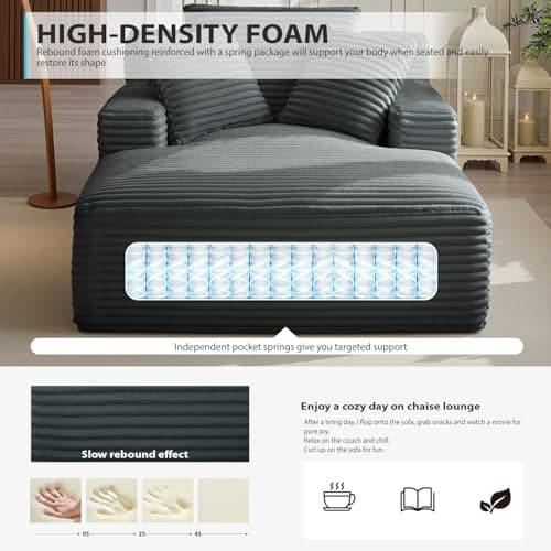 50 Inch Chaise Lounge Chair Indoor, Oversized Corduroy Upholstered Boneless Sofa Bed, Deep Seat Sleeper Couch Reading Chairs, Cloud Sofas Couches for Living Room, No Assembly Required (Dark Grey) - Image 3