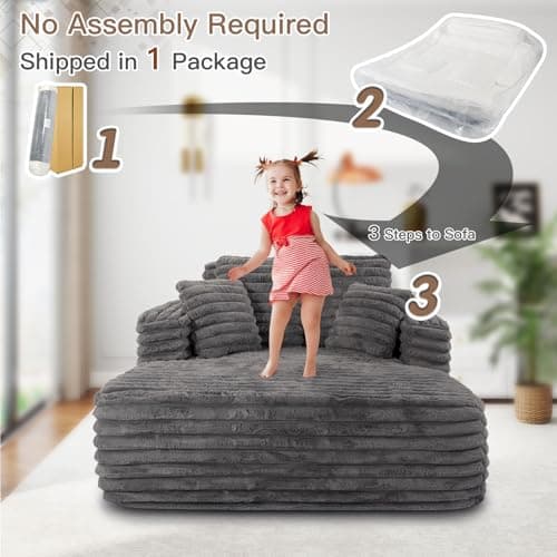 JEEOHEY 56"W Oversized Chaise Lounge Chair Indoor,Plush Faux Fur Sleeper Sofa Couch Bed with Pillows&Wide Armrest,Fluffy Comfy Cloud Sofa,Compression Foam Boneless Couch for Living Room,Bedroom(Grey) - Image 7