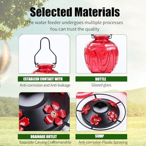 Glass Hummingbird Feeder for Outdoors Hanging, 24Ozs Humming Bird Nectar Feeder w/Perch, 5 Flower Feeding Ports, Leak Proof Base and Hook for Outside Garden Backyard Decor, Gifts for Women Mom, Red - Image 8