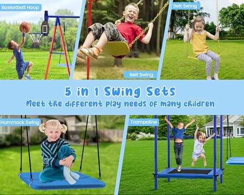 Swing Sets for Backyard, 5-in-1 Toddler Swing Set Outdoor for Backyard for Kids 3-12, Heavy Duty Extra Large Kids Metal Swing Set with 3 Swings Trampoline Basketball Hoop - Image 2
