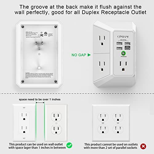 Wall Charger, Surge Protector, QINLIANF 5 Outlet Extender with 4 USB Charging Ports (4.8A Total) 3-Sided 1680J Power Strip Multi Plug Adapter Spaced for Home Travel Office (3U1C) - Image 3