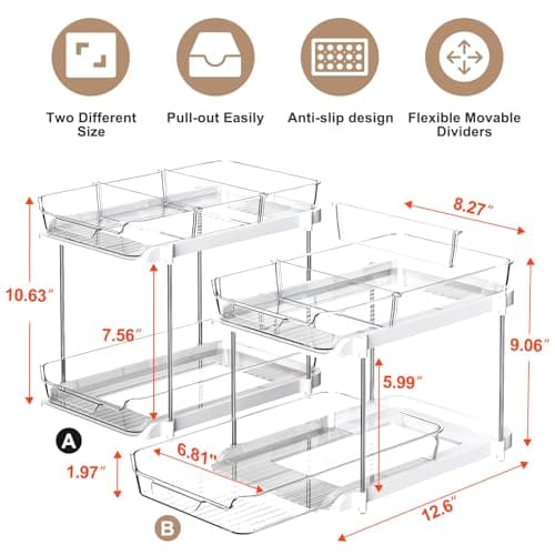 Delamu 2 Sets of 2-Tier Multi-Purpose Bathroom Under Sink Organizers and Storage, Stackable Kitchen Pantry Organization, Pull Out Medicine Cabinet Organizer with 8 Movable Dividers - Image 2