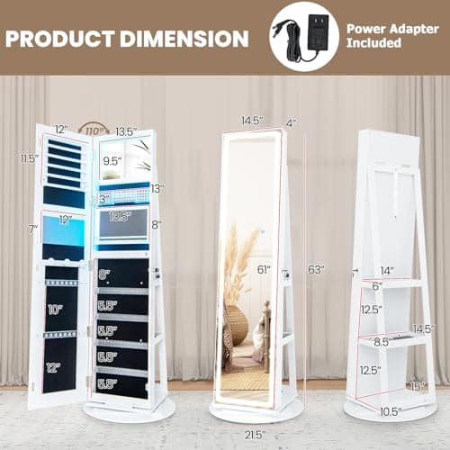 CHARMAID 360° Rotating Jewelry Armoire with LED Lighted Full Length Mirror & Built-in Vanity Mirror, Lockable Standing Jewelry Cabinet with Lights, Large Storage Organizer for Jewelry (White) - Image 7