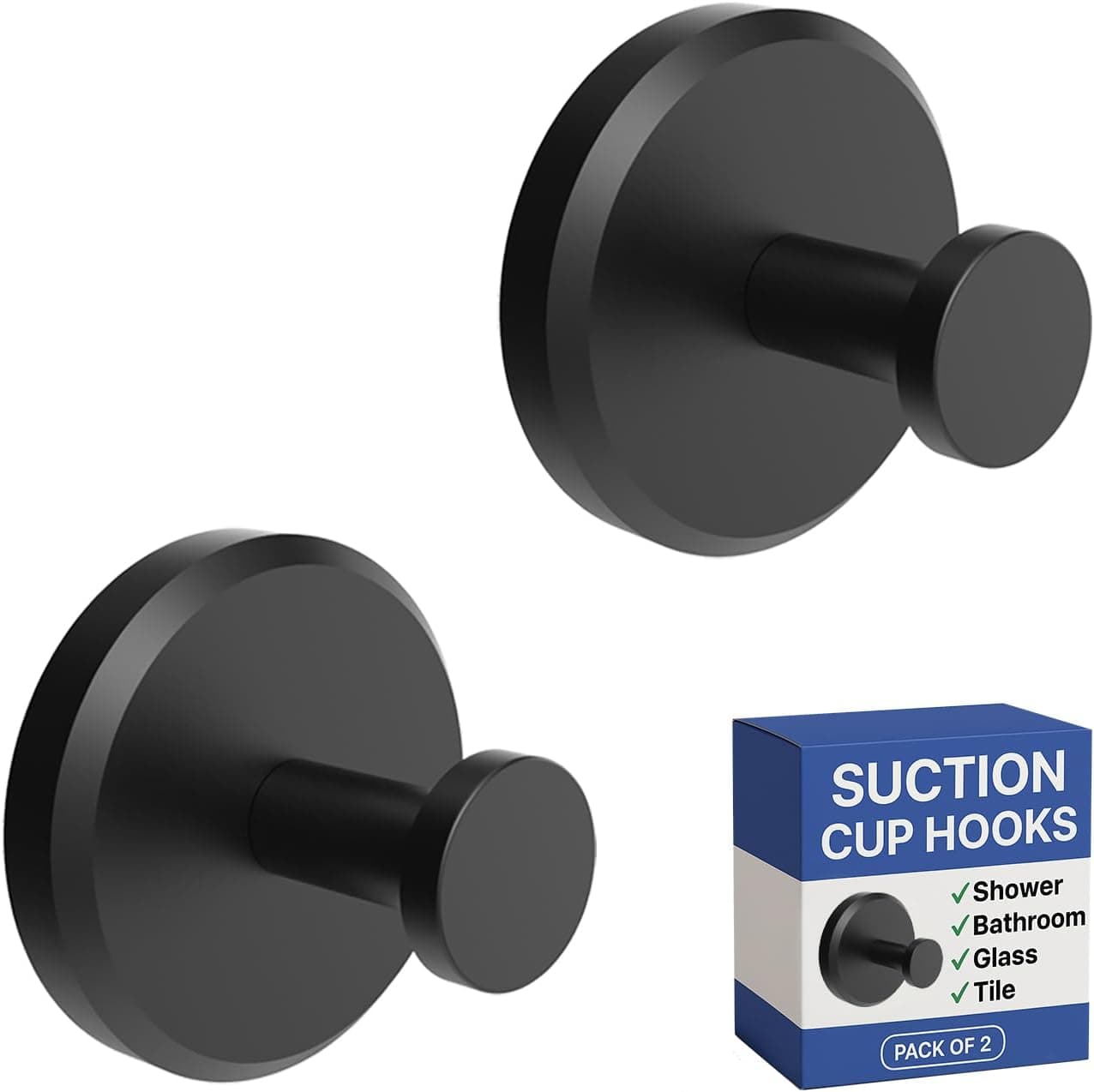 HOME SO Suction Cup Hooks for Shower, Bathroom, Kitchen, Glass Door, Mirror, Tile – Loofah, Towel, Coat, Bath Robe Hook Holder for Hanging up to 15 lbs – Waterproof & Rustproof, Matte Black (2-Pack) Matte Black 2 - Image 2