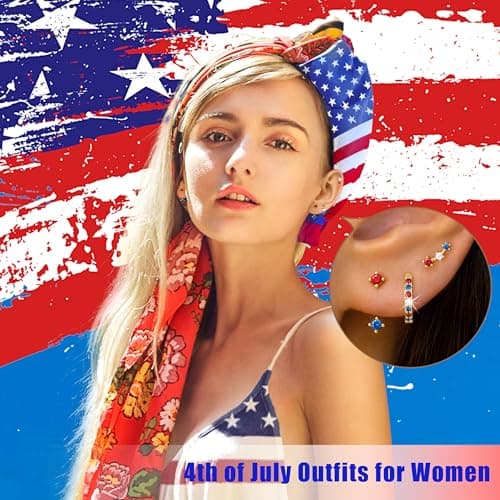 4th of July Earrings for Women Outfits Accessories, Fourth of July Deals Independence Day Patriotic Dress Shirts, USA American Flag Red White Blue Hoop Stud Jacket Jewelry - Image 3