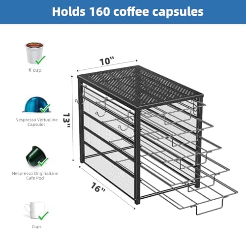Simple Trending 5 Tier Coffee Pod Holder for K Cup, 160 Pod Pack Capacity Rack, Metal, Black - Image 7
