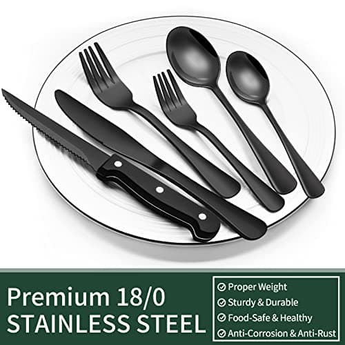 24-Piece Black Silverware Set with Steak Knives, Black Flatware Set for 4, Food-Grade Stainless Steel Tableware Cutlery Set, Mirror Finished Utensil Sets for Home Restaurant - Image 5