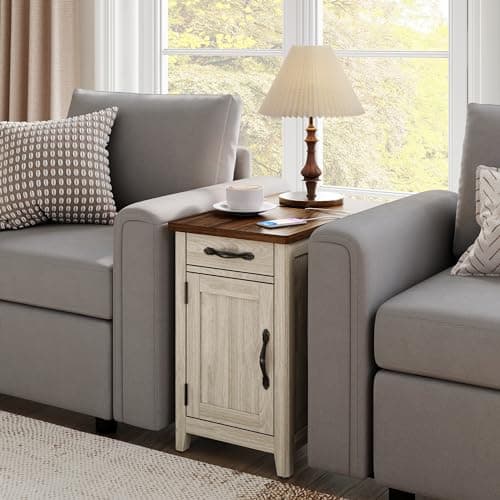 LINSY HOME Farmhouse End Table with Charging Station, Narrow Side Table for Living Room, Sofa Side Table with Drawer and Storage Cabinet, Small Nightstand for Home Office - Image 8