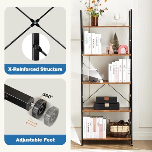 DUMOS 5 Tiers Bookshelf, Classical Modern Book Shelf, Tall Display Shelves in Living Room/Home/Office, Storage Organizer for CDs/Books/Movies, Rustic Brown - Image 5