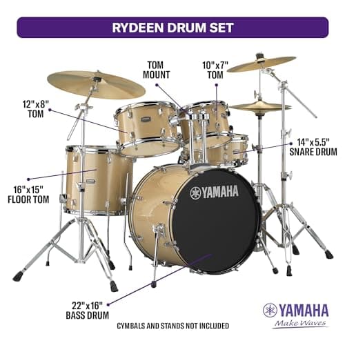 Yamaha Rydeen 5-Piece Drum Set With 22" Bass Drum, Floor Tom, 2 Toms With Ball Clamp And Wood Snare Drum, Champagne Glitter - Image 4