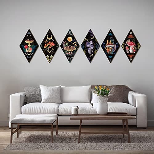 Sintuff 6 Pieces Halloween Gothic Wall Decor Boho Sun Moon Phases Wall Art Gothic Minimalist Stars Sun Hanging Wooden Home Decor Farmhouse Pediments for Gallery Living Bedroom Room(Mushroom) - Image 7