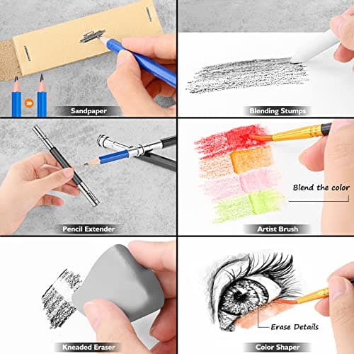 Caliart 176PCS Art Supplies Sketching Kit with 100 Sheets 3-Color Sketch Book, Graphite Colored Charcoal Watercolor & Metallic Pencils, School Supplies Gifts for Artists Adults Teens Girls Boys Kids - Image 5