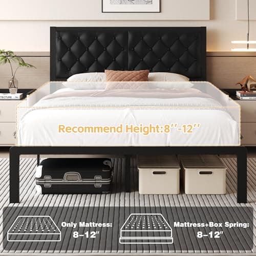 Fluest Queen Bed Frame with Headboard PU Leather Upholstered Bed Frame Platform,All Metal Slats Support Platform Bed Frame with Storage Space,Easy Assembly,Noise Free,No Box Spring Needed,Black - Image 7