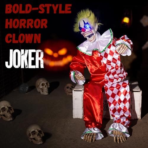 Halloween Animatronic Sitting Clown Decoration–Sound Activated Creepy Clown Prop with Shaking Body, Glowing Eyes & Scary Voice–Indoor/Outdoor Halloween Decor for Yard, Haunted House, Party (48") - Image 5