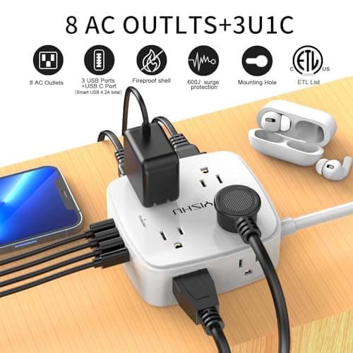 6 Ft Surge Protector Power Strip - 8 Widely Outlets with 4 USB Ports, 3 Side Outlet Extender with 6 Feet Extension Cord, Flat Plug, Wall Mount, Desk USB Charging Station, ETL,White - Image 2