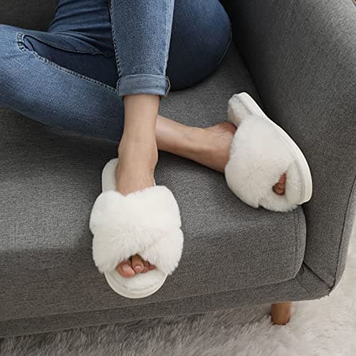 Evshine Women's Fuzzy Slippers Cross Band Memory Foam House Slippers Open Toe Indoor Outdoor Shoes, White, 38-39 (Size 7-8) - Image 2