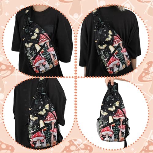 cobee 3 Pcs Mushroom Sling Backpack Set, Adjustable Crossbody Shoulder Bag Multi-pocket Chest Bag with Mushroom Purse Keychain for Men Women, Travel, Hiking, Casual Sport, Climbing, Runners - Image 3