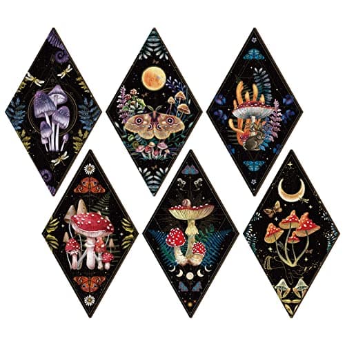 Sintuff 6 Pieces Halloween Gothic Wall Decor Boho Sun Moon Phases Wall Art Gothic Minimalist Stars Sun Hanging Wooden Home Decor Farmhouse Pediments for Gallery Living Bedroom Room(Mushroom)