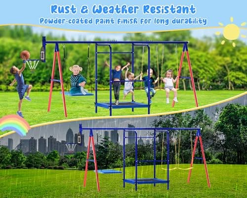 Swing Sets for Backyard, 5-in-1 Toddler Swing Set Outdoor for Backyard for Kids 3-12, Heavy Duty Extra Large Kids Metal Swing Set with 3 Swings Trampoline Basketball Hoop - Image 5