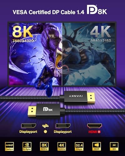 IVANKY 8K DisplayPort Cable 1.4, VESA Certified DP Cable 6.6ft (8K@60Hz, 4K@144Hz, 2K@240Hz)HBR3 Support 32.4Gbps, HDR, HDCP 2.2, FreeSync G-Sync, Braided Display Port for Gaming Monitor, Graphics, PC - Image 3