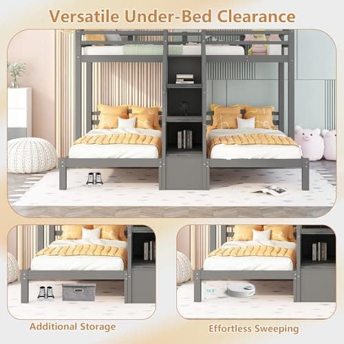 Bellemave Twin Over Twin Bunk Bed for 3, Wood Triple Bunk Beds with Stairs, 3 Bunk Beds with Storage for 3 Kids, Boys, Girls, Teens, Adults No Box Spring Needed (Gray) - Image 6