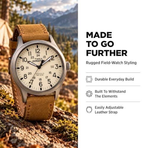 Timex Men's Expedition Scout 40mm Watch, Gray Case, Tan Leather Strap | Rugged Field Design with Full Arabic Numerals, Adjustable Strap, INDIGLO Backlight & 50m Water Resistance - Image 3