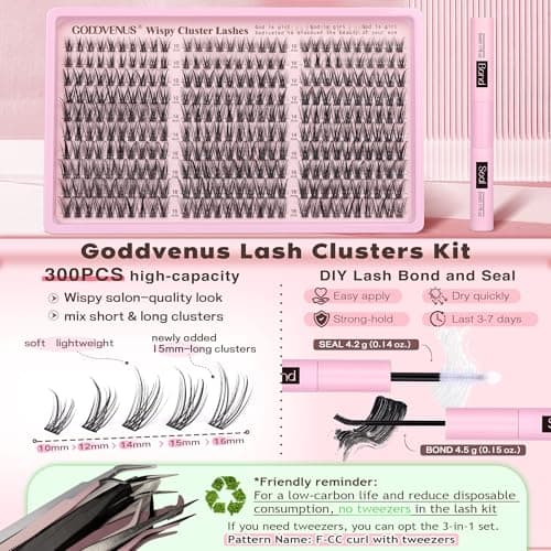 Goddvenus Lash Clusters Kit Wispy Eyelash Clusters Lashes Natural DIY Lash Extension Kit 10-16mm Cluster Eyelash Extensions Kit 300pcs C Curl Individual Lashes Cluster Eyelash (No Tweezers) - Image 5