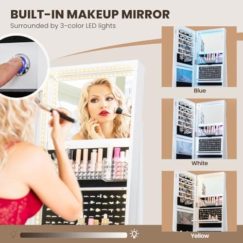 CHARMAID 360° Rotating Jewelry Armoire with LED Lighted Full Length Mirror & Built-in Vanity Mirror, Lockable Standing Jewelry Cabinet with Lights, Large Storage Organizer for Jewelry (White) - Image 5