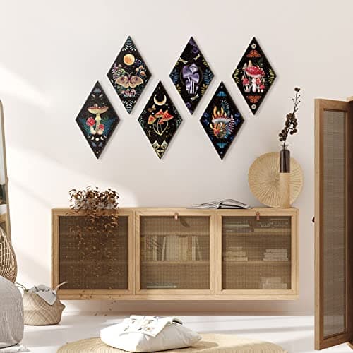 Sintuff 6 Pieces Halloween Gothic Wall Decor Boho Sun Moon Phases Wall Art Gothic Minimalist Stars Sun Hanging Wooden Home Decor Farmhouse Pediments for Gallery Living Bedroom Room(Mushroom) - Image 6