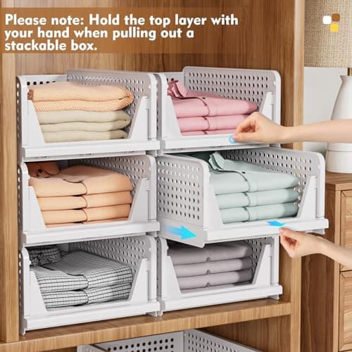 SNSLXH 5 Pack Stackable Closet Storage Basket, Multifunctional & Foldable Closet Organizer for Bathroom Kitchen Laundry Room Wardrobe Storage, Space-Saving Clothes Storage Drawer Organizer, White - Image 7