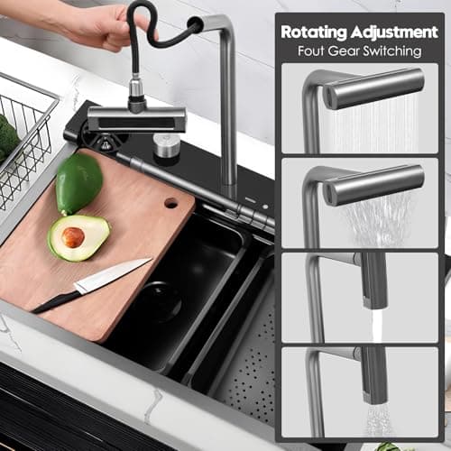 30x18 Dual Waterfall Kitchen Sink,Modern Kitchen Sink with 4 in 1 Faucet,Black Stainless Steel Single Bowl Digital Smart Sink with Pull-Out Faucet,Multifunctional Workstation Sinks with Nano Honeycomb - Image 3