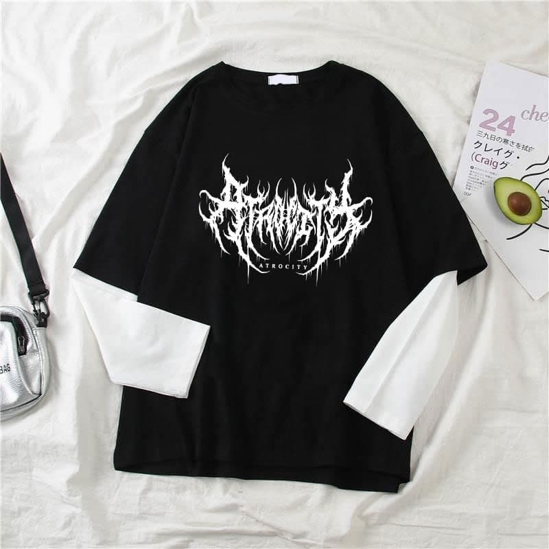 Goth Shirt Gothic Shirt Fake Two-Piece Alternative Clothing Goth Long Sleeve Top Grunge Clothes XX-Large Black02 - Image 3