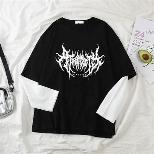 Goth Shirt Gothic Shirt Fake Two-Piece Alternative Clothing Goth Long Sleeve Top Grunge Clothes (Black02,XXL,XX-Large) - Image 2