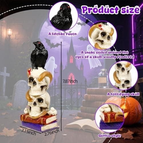 Wowagoga Halloween Resin Crow Skeleton Skull Head, Totem Pole Decor with Book Skull Snake Raven 8 Inch Tall Macabre Art Sculpture for Home Office - Image 2