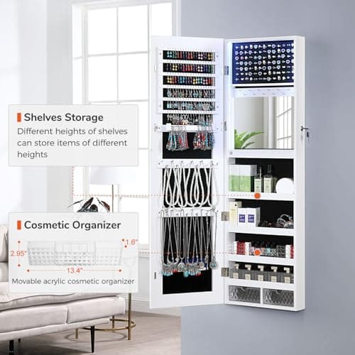 GISSAR Mirror Jewelry Cabinet, LED Lights Wall Mount Door Hanging Full Length Jewelry Organizer Armoire with Built-in Makeup Mirror and Jewelry Storage, Large Capacity Lockable Jewelry Armoire, White - Image 3