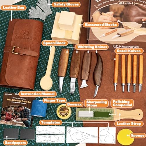 Wood Carving Kit, 32Pcs Wood Carving Tools with PU Storage Bag, Wood Whittling Knife Kit with 4pcs Templates & 11pcs Wood Carving Knives for Wood DIY Beginners - Image 2