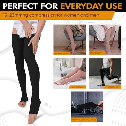 Doc Miller Thigh High Compression Socks Women and Men 15-20mmHg for Varicose Veins, Pregnancy Support Compression Stockings for Women, 1 Pair Black X-Large - Image 2