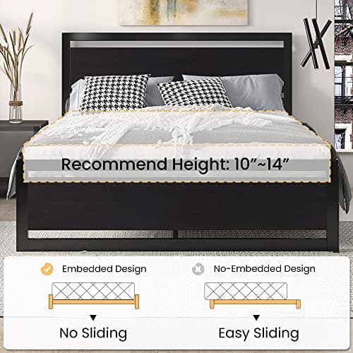 SHA CERLIN Queen Size Bed Frame with Modern Headboard, Heavy Duty Platform Metal Base with Square Footboard and 13 Strong Slats Support, No Box Spring Needed, Black - Image 7