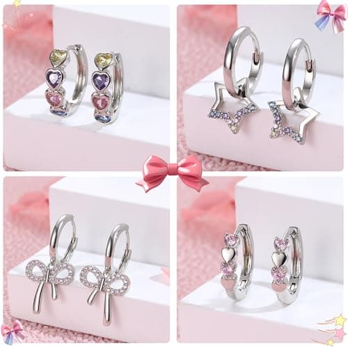 BESTEEL 4 Pairs Hypoallergenic Huggie Hoop Earrings for Girls Women Silver Small Dangle Hoop Earrings Bow Earrings Tiny Cute CZ Heart Butterfly Earrings Set Pink Colorful Star Earring for Sensitive Ears（Heart Star bow set）over 3 years old - Image 5