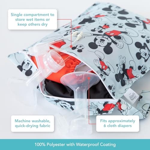 Bumkins Disney Waterproof Wet Bag for Baby, Travel, Swim Suit, Cloth Diapers, Pump Parts, Pool, Gym Clothes, Toiletry, Strap to Stroller, Daycare, Zipper Reusable Bag, Packing Pouch, Mickey Mouse - Image 3