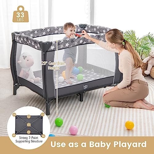 Costzon 3 in 1 Pack and Play with Bassinet, Portable Baby Playard with Changing Table, Music Box, Whirling Toys, Wheels/Brake, Basket, Bag, Foldable Infant Bassinet for Baby Toddlers Indoor Outdoor - Image 9