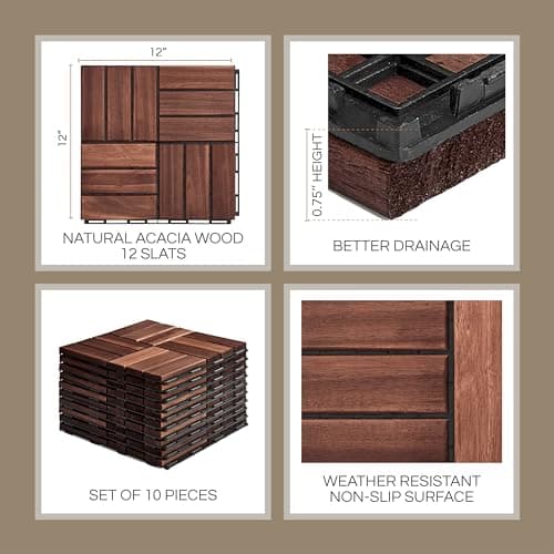 THYOI Deck Tiles, Patio Flooring - Outdoor Waterproof Acacia Wood Tiles for All Weather Use - Balcony, Backyard, Indoor & Outdoor (Dark Brown Crossed Pattern, 10 Pcs - 10 Square Ft) - Image 2
