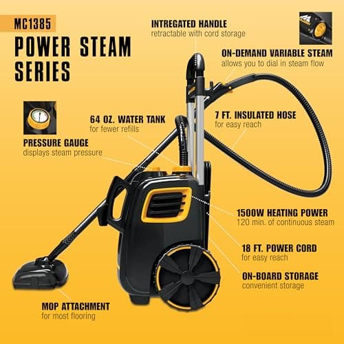 McCulloch MC1385 Deluxe Canister Steam Cleaner, 2-Hour Runtime, Chemical-Free, 23 Accessories: Mop Head, Brushes & More - Built for Home, Tile, Carpet, Furniture, & Personal Car Detailing - Image 4