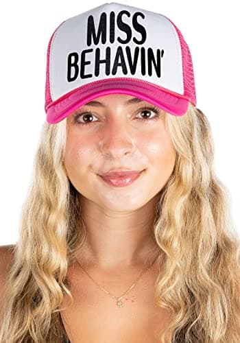 Funky Junque Bachelorette Party Trucker Hat for Women, Girls Trip 2024 Spring Break Hats Mesh Snapback Cap - Miss Behavin' - Hot Pink/White
