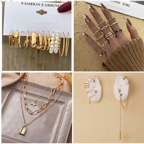 CONGYING 65 Pcs Gold Jewelry Set with 6Pcs Layered Necklace, 11 Pcs anklet and 7Pcs Earring Ear Cuff,11Hoop Earrings,15pcs Rings,15pcs stud earrings Jewerly set for Women Gift - Image 4