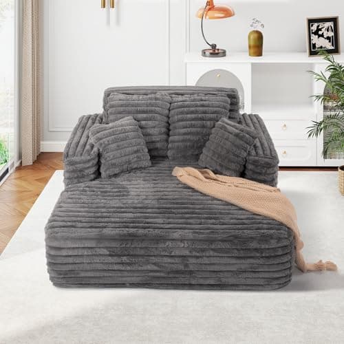 JEEOHEY 56"W Oversized Chaise Lounge Chair Indoor,Plush Faux Fur Sleeper Sofa Couch Bed with Pillows&Wide Armrest,Fluffy Comfy Cloud Sofa,Compression Foam Boneless Couch for Living Room,Bedroom(Grey) - Image 9