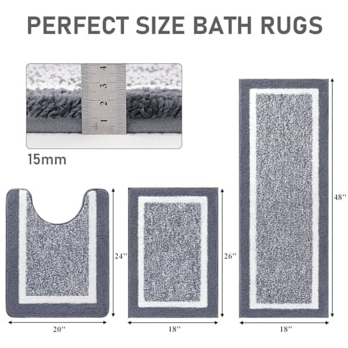 Pauwer Bathroom Rug Mat Set 3 Piece, Microfiber Shaggy Bath Set, Non-Slip Ultra Soft Carpet Mats, Absorbent with U-Shaped Toilet for Bathroom, Tub, Shower, Dark Grey - Image 2