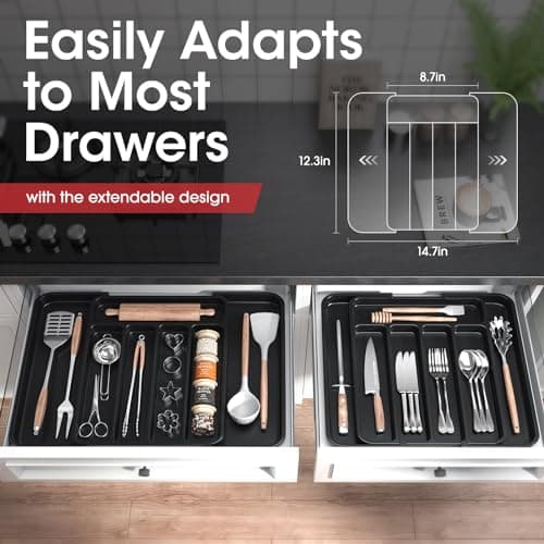 Aujen Silverware Organizer - Expandable Kitchen Drawer Organizer, Adjustable Utensil Organizer, Cutlery Tray for Forks, Knives, Multipurpose Kitchen Organizers and Storage Solution, Black, Medium - Image 5