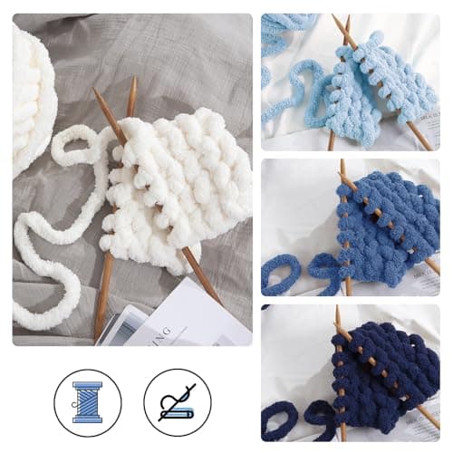 MABOZOO Assorted Chunky Yarn for Crocheting 8 Pack,Fluffy Jumbo Chenille Yarn,Soft Plush Yarn Bulky,Giant Thick Fuzzy Yarn for Hand or Arm Knitting,Cream & Multi Blue(31.7 yds,8 oz Each Skein) - Image 3